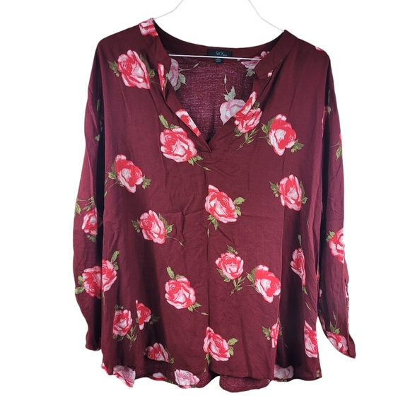 Sky Plus 3x Top Blouse Tunic Maroon with Pink Roses EUC Lightweight - Picture 2 of 10